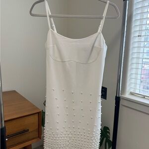 Lulu's White Pearl-Embellished Mini Spaghetti Strap Dress